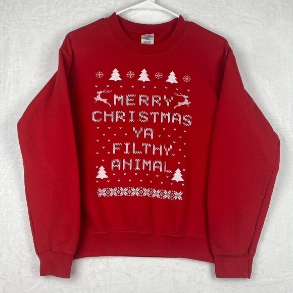 Gildan Christmas Sweater Merry Christmas Ya filthy Animal Unisex Small Red - Picture 1 of 9